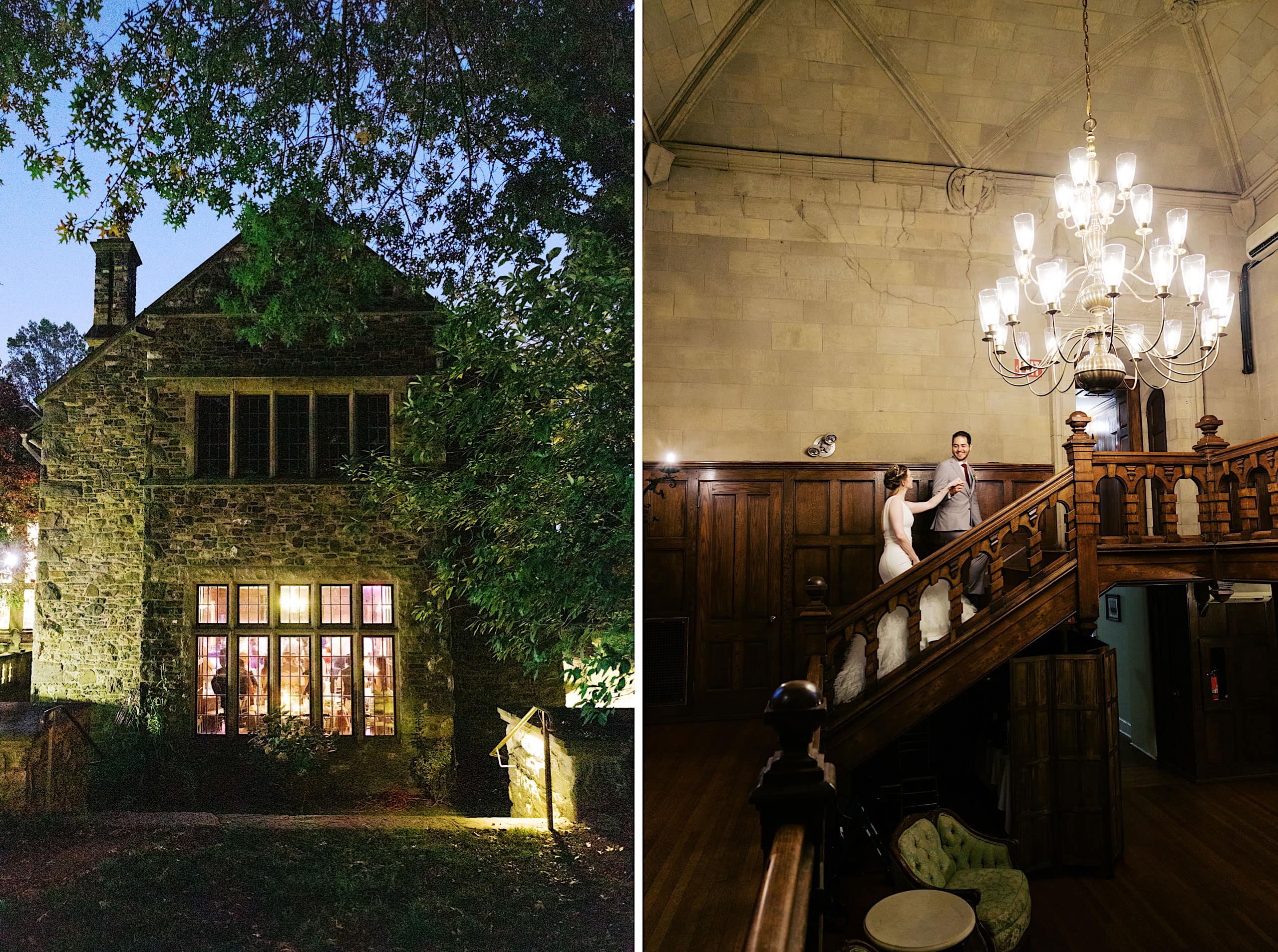 Left: Stone building lit at night with large windows, evoking the elegance of a Parque Ridley Creek garden ceremony. Right: Two people stand on a wooden staircase inside a room with a high ceiling and a chandelier.