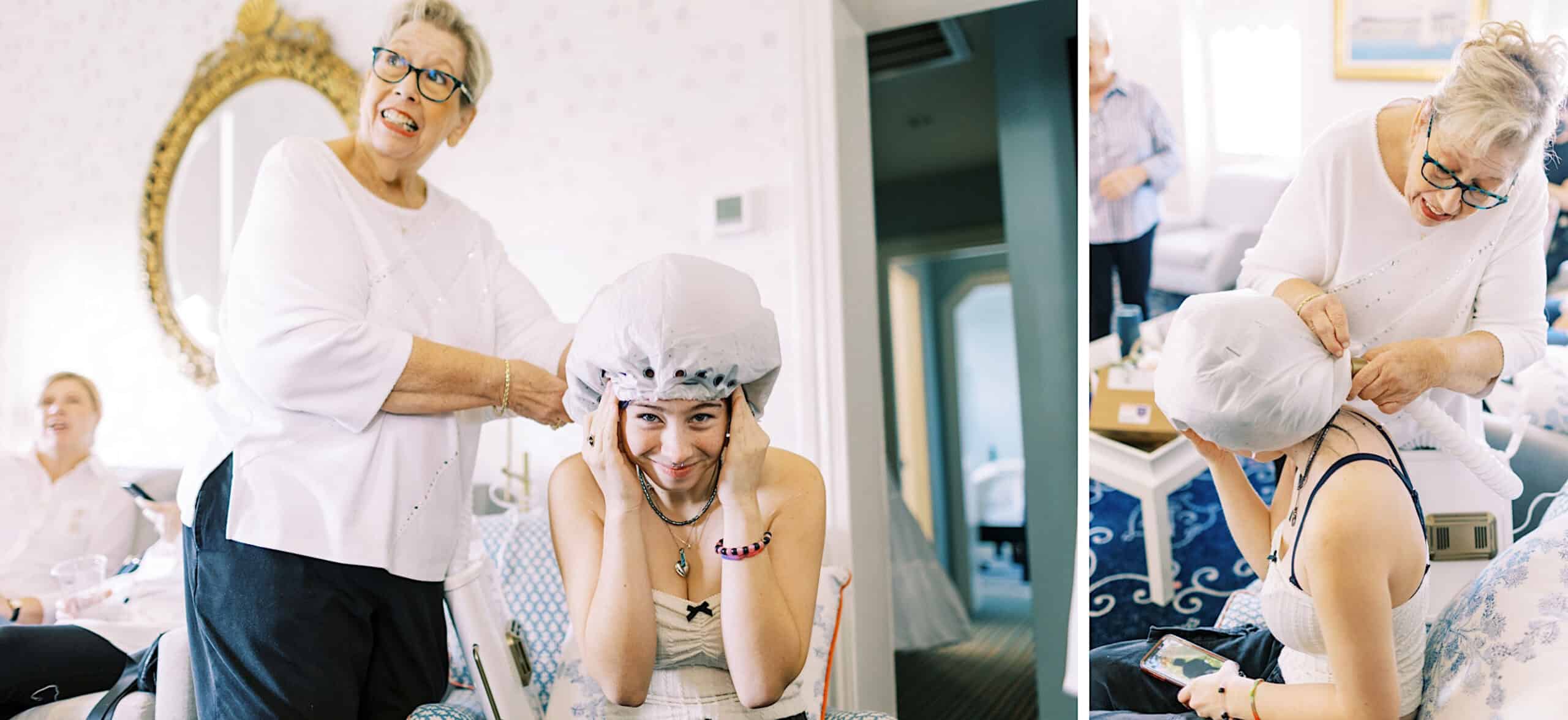 An older woman helps a young woman put on a shower cap, while others in the room watch and smile, preparing for the romantic November wedding at Congress Hall.