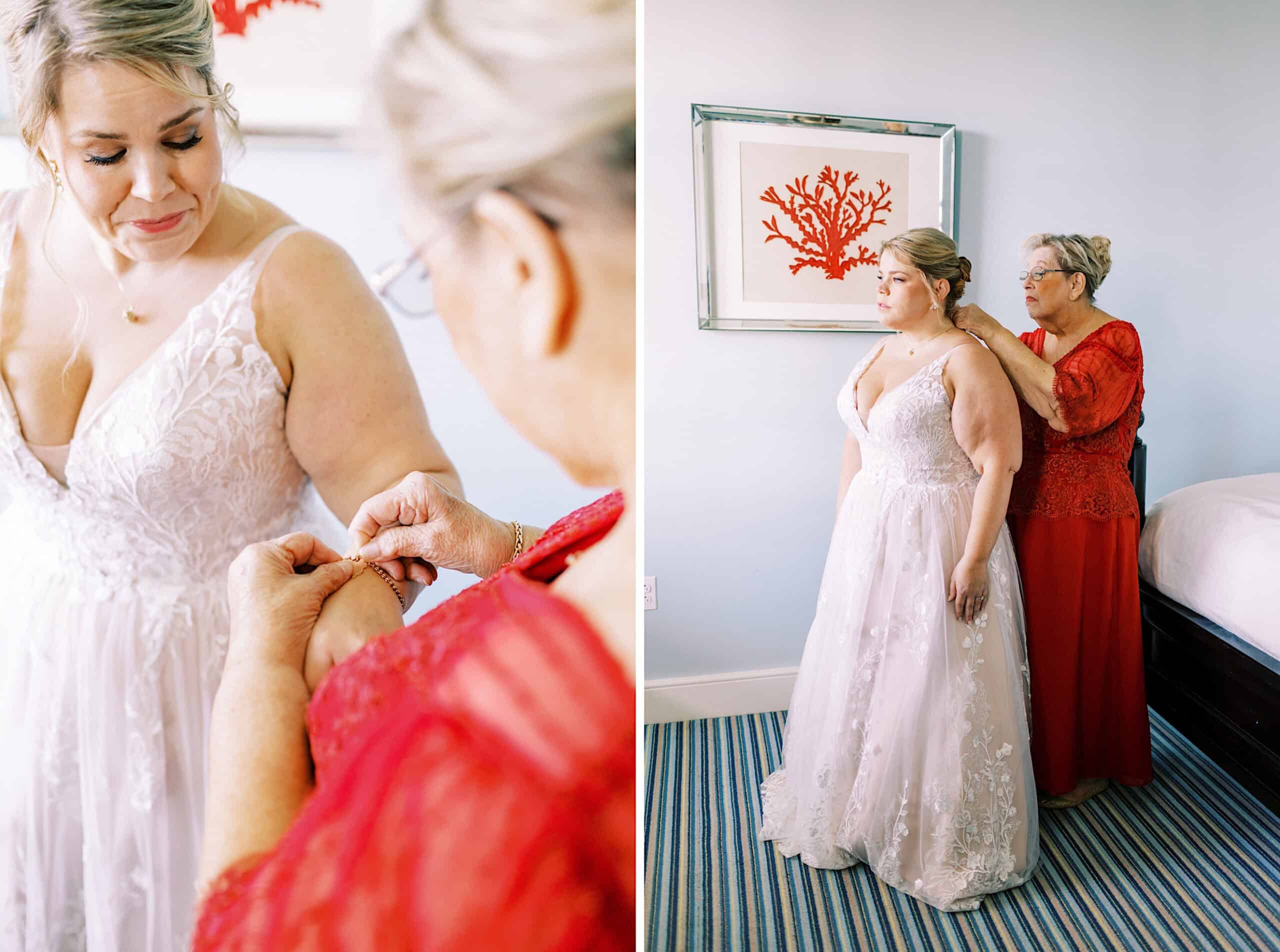 A mother in a red dress helps her daughter, dressed in a white wedding gown, with jewelry and preparations for a romantic November wedding at Congress Hall.