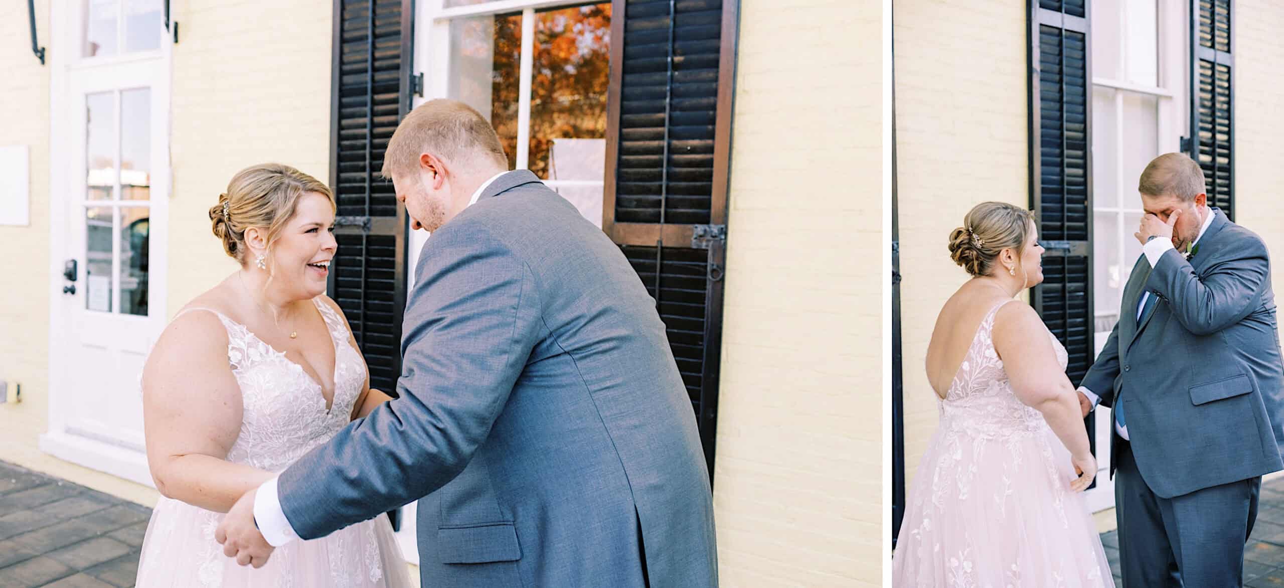 A man in a suit holds a woman in a dress during their romantic November wedding at Congress Hall.