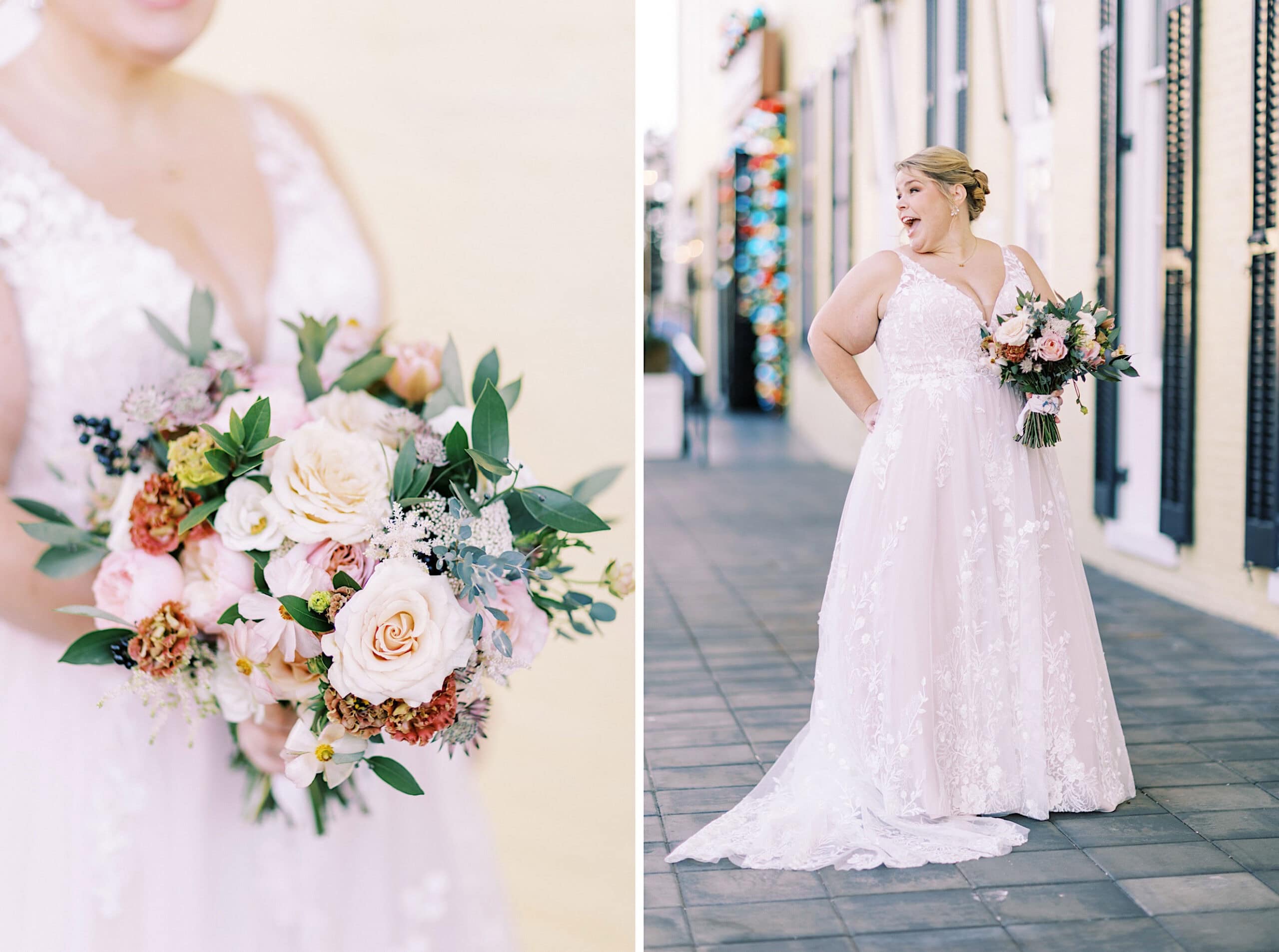 A bride in a white lace gown holds a bouquet of assorted flowers while standing on a city sidewalk, capturing the essence of a romantic November wedding at Congress Hall. The left image shows a close-up of the bouquet.