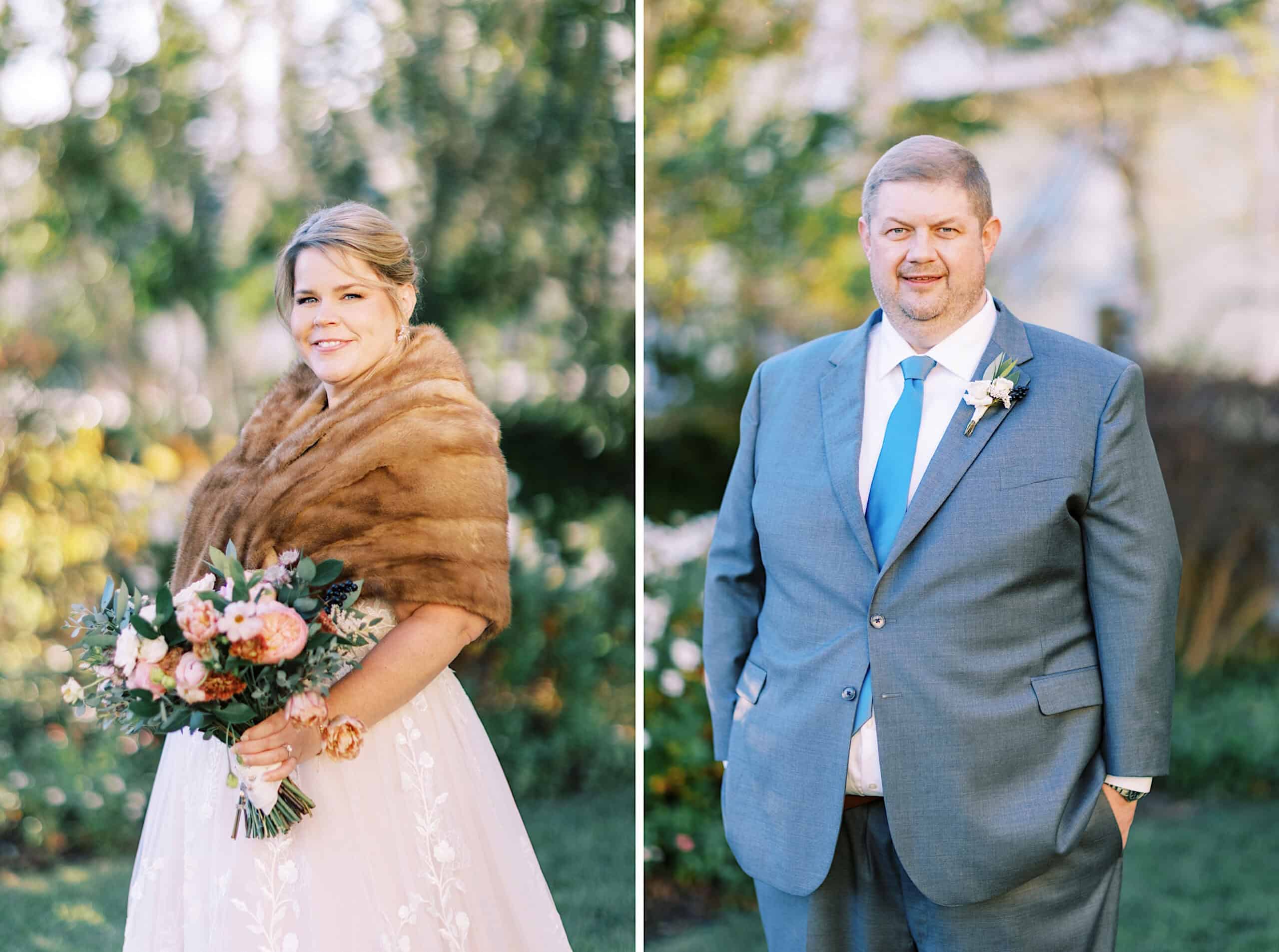 Split image of a woman in a white dress with a fur shawl holding a bouquet, and a man in a gray suit with a blue tie, both outdoors in a garden setting during a romantic November wedding at Congress Hall.