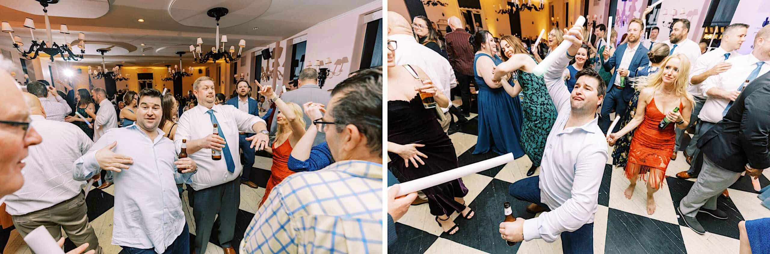 Two photos side by side capture groups of people dancing and having fun at a lively romantic November wedding at Congress Hall.